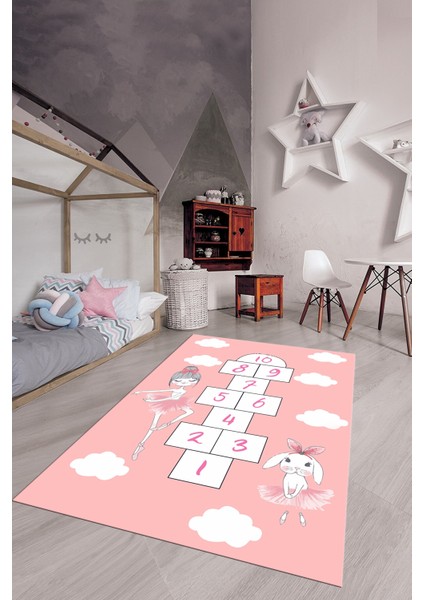 Dijital Baskılı Kaymaz Yıkanabilir Seksekli Bulutlu Çocuk Odası Halısı, Çocuk-04-Pembe, fırsatları