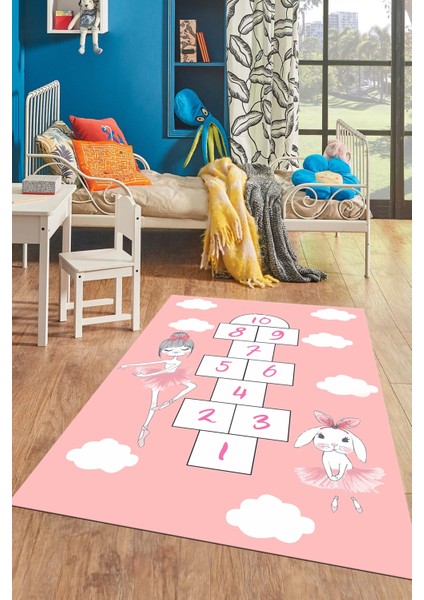 Dijital Baskılı Kaymaz Yıkanabilir Seksekli Bulutlu Çocuk Odası Halısı, Çocuk-04-Pembe, indirimleri