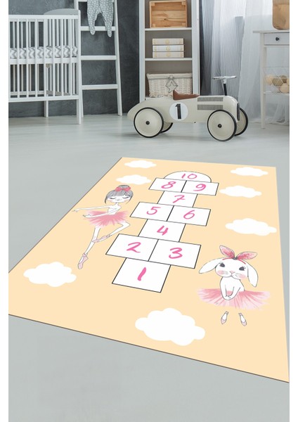 Dijital Baskılı Kaymaz Yıkanabilir Seksekli Bulutlu Çocuk Odası Halısı, Çocuk-04-Turuncu,