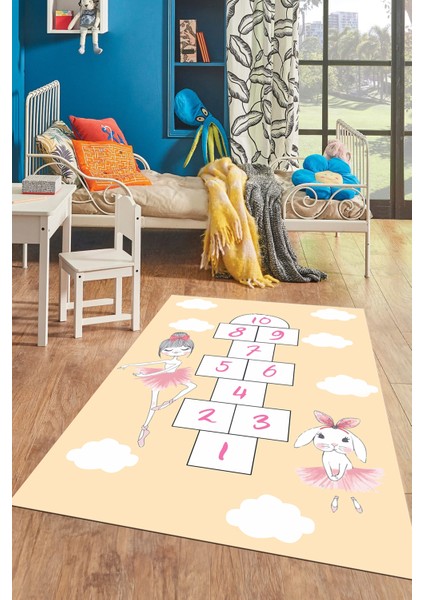 Dijital Baskılı Kaymaz Yıkanabilir Seksekli Bulutlu Çocuk Odası Halısı, Çocuk-04-Turuncu, indirimleri