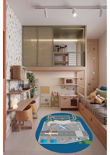 Havalimanı Uçak Temalı Eğitici Eğkendirici Oval Çocuk Odası Oyun Halısı, O-Çocuk-50-Mavi,