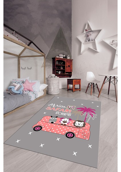 Dijital Baskılı Kaymaz Yıkanabilir Otobüs Safari Desenli Çocuk Odası Halısı, Çocuk-01-Pembe, fırsatları