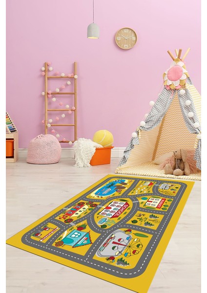 Dijital Baskılı Kaymaz Yıkanabilir Trafik Araba Yollu Çocuk Odası Halısı, Çocuk-02-Sarı, fiyatları