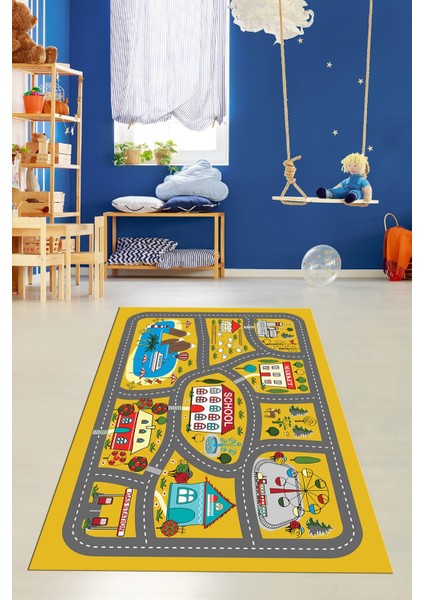 Dijital Baskılı Kaymaz Yıkanabilir Trafik Araba Yollu Çocuk Odası Halısı, Çocuk-02-Sarı, modelleri