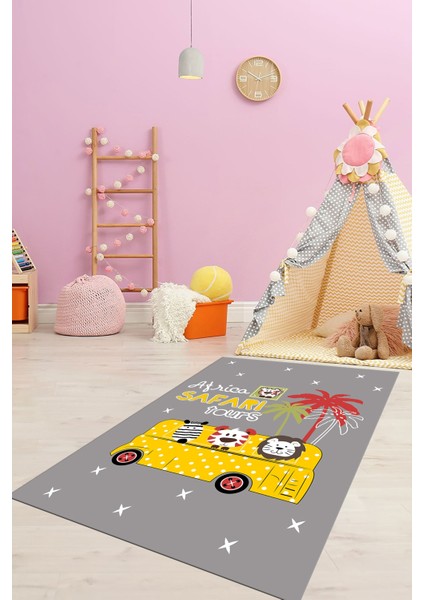 Dijital Baskılı Kaymaz Yıkanabilir Otobüs Safari Desenli Çocuk Odası Halısı, Çocuk-01-Sarı, fiyatları