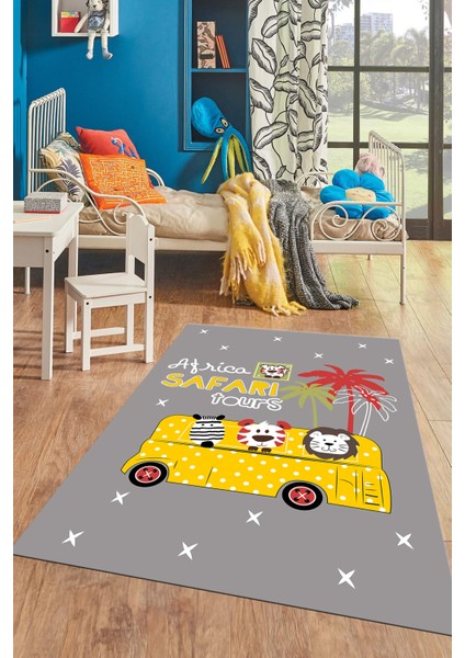 Dijital Baskılı Kaymaz Yıkanabilir Otobüs Safari Desenli Çocuk Odası Halısı, Çocuk-01-Sarı, indirimleri