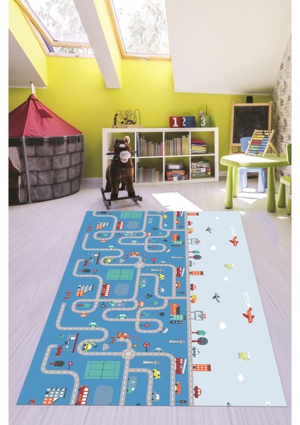 Dijital Baskılı Kaymaz Yıkanabilir Şehir Trafik Temalı Çocuk Odası Oyun Halısı, Çocuk-19-Mavi, fırsatları