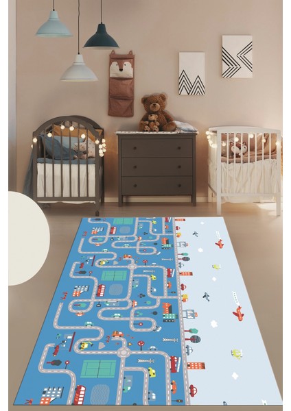 Dijital Baskılı Kaymaz Yıkanabilir Şehir Trafik Temalı Çocuk Odası Oyun Halısı, Çocuk-19-Mavi, indirimleri