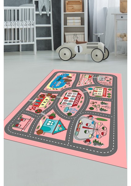 Dijital Baskılı Kaymaz Yıkanabilir Trafik Araba Yollu Çocuk Odası Halısı, Çocuk-02-Pembe,