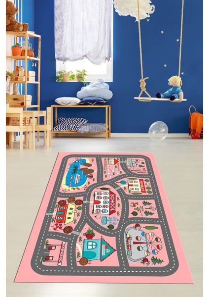Dijital Baskılı Kaymaz Yıkanabilir Trafik Araba Yollu Çocuk Odası Halısı, Çocuk-02-Pembe, modelleri