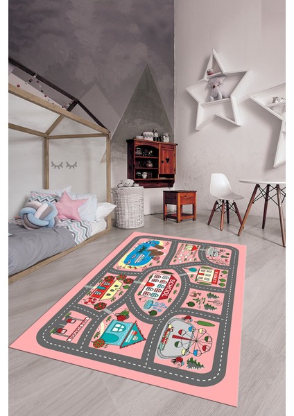 Dijital Baskılı Kaymaz Yıkanabilir Trafik Araba Yollu Çocuk Odası Halısı, Çocuk-02-Pembe, fırsatları