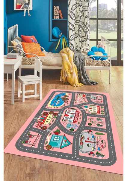 Dijital Baskılı Kaymaz Yıkanabilir Trafik Araba Yollu Çocuk Odası Halısı, Çocuk-02-Pembe, indirimleri