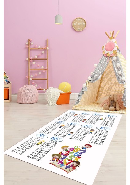 Dijital Baskılı Kaymaz Yıkanabilir Çarpım Tablosu Desenli Çocuk Odası Halısı, Çocuk-05-Beyaz, fiyatları