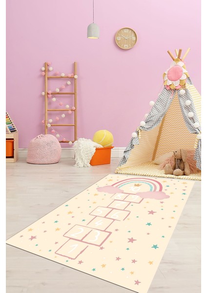 Kaymaz Taban Yıkanabilir Yıldızlı Sek Sek Desen Çocuk Odası Oyun Halısı, Çocuk-12-Krem,