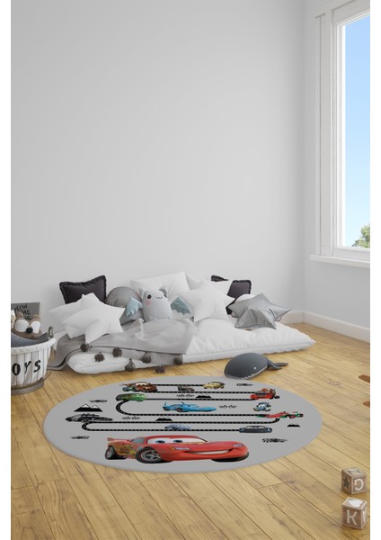 Dijital Kaymaz Yıkanabilir Renkli Arabalar Eğitici Yuvarlak Çocuk Odası Halısı, Y-Çocuk-03-Gri,