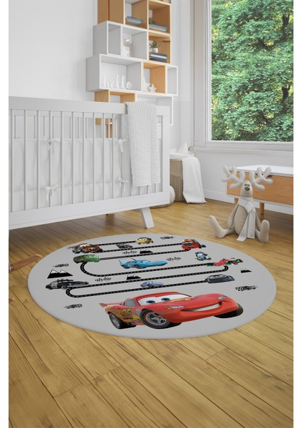 Dijital Kaymaz Yıkanabilir Renkli Arabalar Eğitici Yuvarlak Çocuk Odası Halısı, Y-Çocuk-03-Gri,