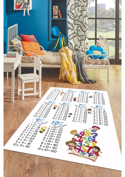 Dijital Baskılı Kaymaz Yıkanabilir Çarpım Tablosu Desenli Çocuk Odası Halısı, Çocuk-05-Beyaz, indirimleri