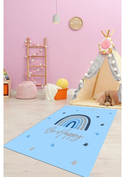 Kaymaz Taban Yıkanabilir Be Happy Yazılı Gökküşağı Desenli Çocuk Halısı, Çocuk-14-Mavi,