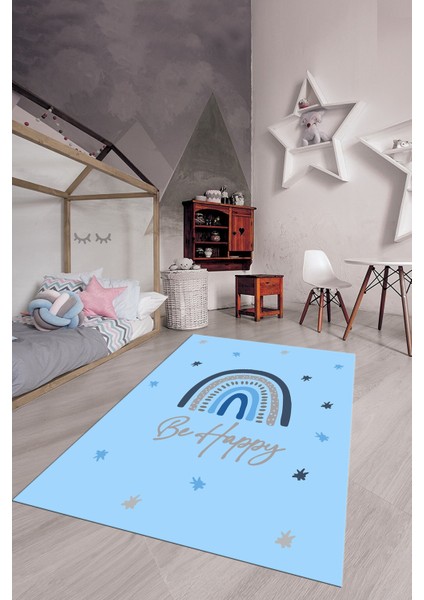 Kaymaz Taban Yıkanabilir Be Happy Yazılı Gökküşağı Desenli Çocuk Halısı, Çocuk-14-Mavi,