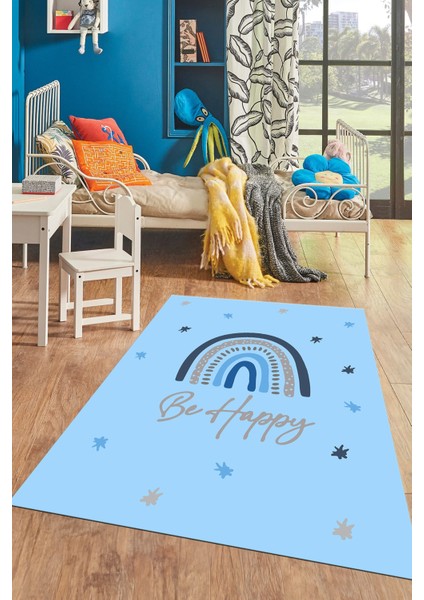 Kaymaz Taban Yıkanabilir Be Happy Yazılı Gökküşağı Desenli Çocuk Halısı, Çocuk-14-Mavi,