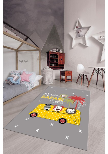 Dijital Baskılı Kaymaz Yıkanabilir Otobüs Safari Desenli Çocuk Odası Halısı, Çocuk-01-Sarı, fırsatları