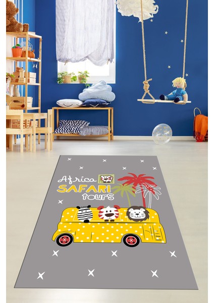 Dijital Baskılı Kaymaz Yıkanabilir Otobüs Safari Desenli Çocuk Odası Halısı, Çocuk-01-Sarı, modelleri