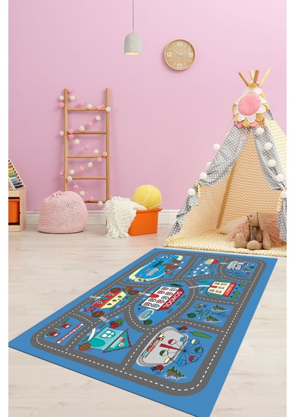 Dijital Baskılı Kaymaz Yıkanabilir Trafik Araba Yollu Çocuk Odası Halısı, Çocuk-02-Mavi, fiyatları