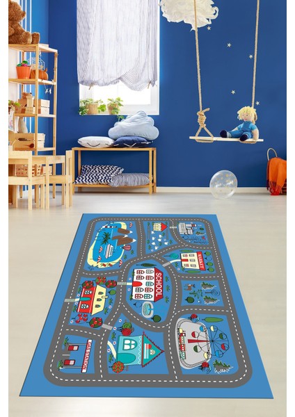 Dijital Baskılı Kaymaz Yıkanabilir Trafik Araba Yollu Çocuk Odası Halısı, Çocuk-02-Mavi, modelleri