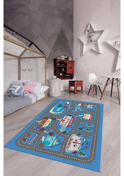 Dijital Baskılı Kaymaz Yıkanabilir Trafik Araba Yollu Çocuk Odası Halısı, Çocuk-02-Mavi, fırsatları