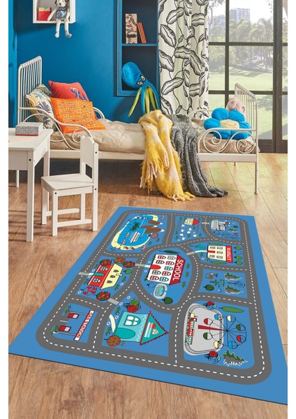 Dijital Baskılı Kaymaz Yıkanabilir Trafik Araba Yollu Çocuk Odası Halısı, Çocuk-02-Mavi, indirimleri