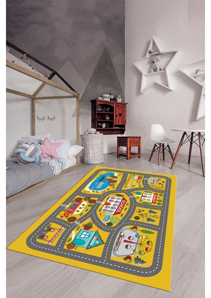 Dijital Baskılı Kaymaz Yıkanabilir Trafik Araba Yollu Çocuk Odası Halısı, Çocuk-02-Sarı, fırsatları