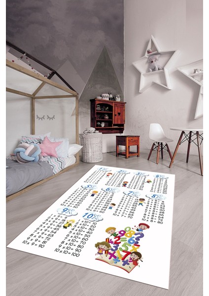 Dijital Baskılı Kaymaz Yıkanabilir Çarpım Tablosu Desenli Çocuk Odası Halısı, Çocuk-05-Beyaz,