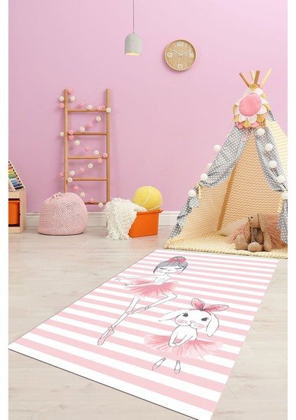 Dijital Baskılı Kaymaz Yıkanabilir Balerin Kız Desenli Çocuk Odası Halısı, Çocuk-09-Pembe,