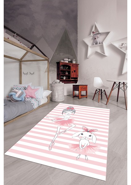 Dijital Baskılı Kaymaz Yıkanabilir Balerin Kız Desenli Çocuk Odası Halısı, Çocuk-09-Pembe, modelleri