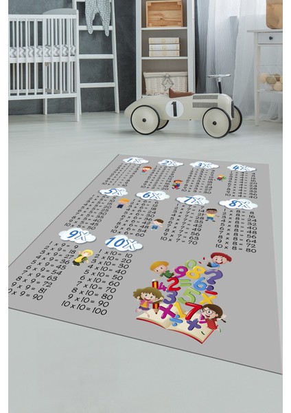 Dijital Baskılı Kaymaz Yıkanabilir Çarpım Tablosu Desenli Çocuk Odası Halısı, Çocuk-05-Gri,