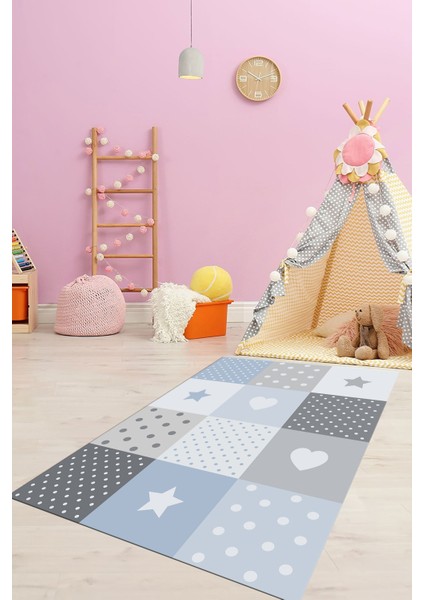 Dijital Baskılı Kaymaz Yıkanabilir Yıldız Kalp Desenli Çocuk Odası Halısı, Çocuk-10-Mavi,