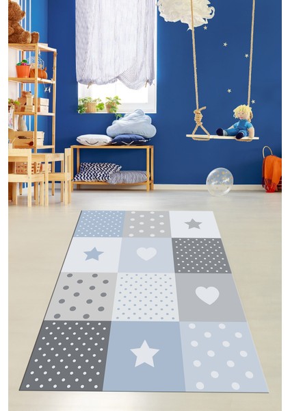 Dijital Baskılı Kaymaz Yıkanabilir Yıldız Kalp Desenli Çocuk Odası Halısı, Çocuk-10-Mavi, fiyatları