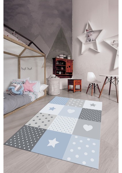 Dijital Baskılı Kaymaz Yıkanabilir Yıldız Kalp Desenli Çocuk Odası Halısı, Çocuk-10-Mavi, modelleri