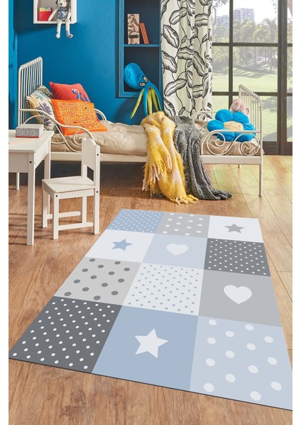 Dijital Baskılı Kaymaz Yıkanabilir Yıldız Kalp Desenli Çocuk Odası Halısı, Çocuk-10-Mavi, fırsatları