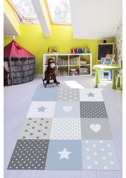 Dijital Baskılı Kaymaz Yıkanabilir Yıldız Kalp Desenli Çocuk Odası Halısı, Çocuk-10-Mavi, indirimleri
