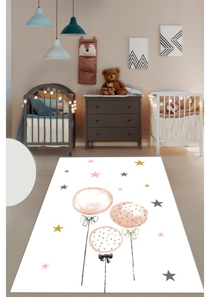 Dijital Baskılı Kaymaz Yıkanabilir Balon Yıldız Desenli Çocuk Odası Halısı, Çocuk-24-Beyaz, fırsatları