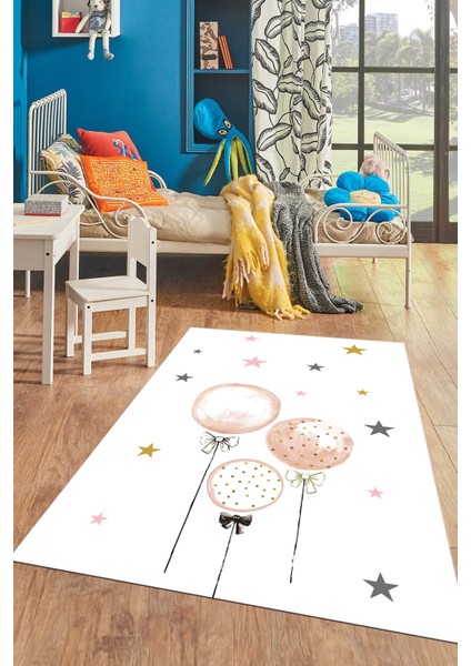 Dijital Baskılı Kaymaz Yıkanabilir Balon Yıldız Desenli Çocuk Odası Halısı, Çocuk-24-Beyaz, fiyatları