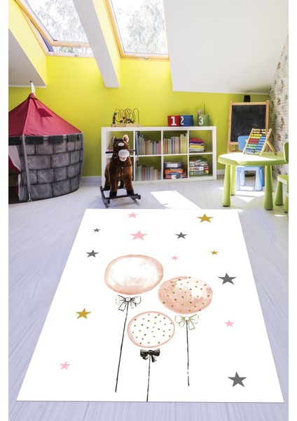 Dijital Baskılı Kaymaz Yıkanabilir Balon Yıldız Desenli Çocuk Odası Halısı, Çocuk-24-Beyaz, modelleri