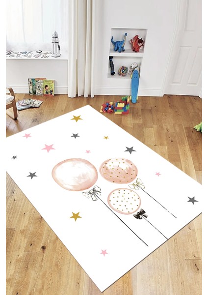 Dijital Baskılı Kaymaz Yıkanabilir Balon Yıldız Desenli Çocuk Odası Halısı, Çocuk-24-Beyaz, indirimleri