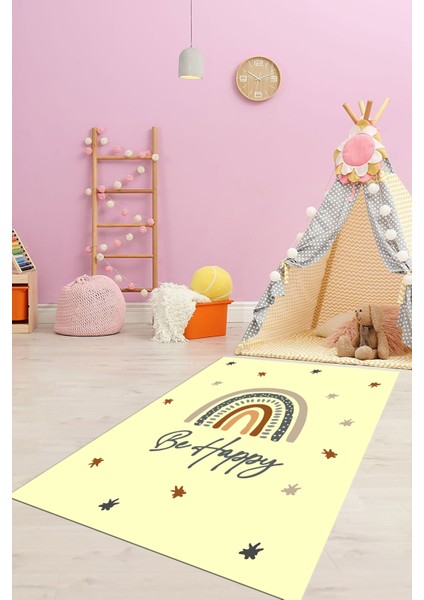 Kaymaz Taban Yıkanabilir Be Happy Yazılı Gökküşağı Desenli Çocuk Halısı, Çocuk-14-Sarı,