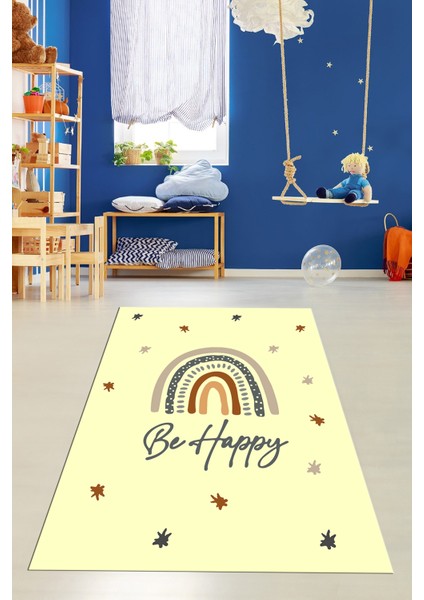 Kaymaz Taban Yıkanabilir Be Happy Yazılı Gökküşağı Desenli Çocuk Halısı, Çocuk-14-Sarı,