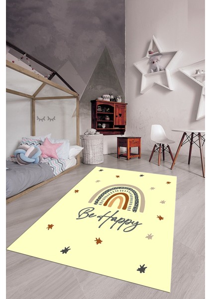 Kaymaz Taban Yıkanabilir Be Happy Yazılı Gökküşağı Desenli Çocuk Halısı, Çocuk-14-Sarı,
