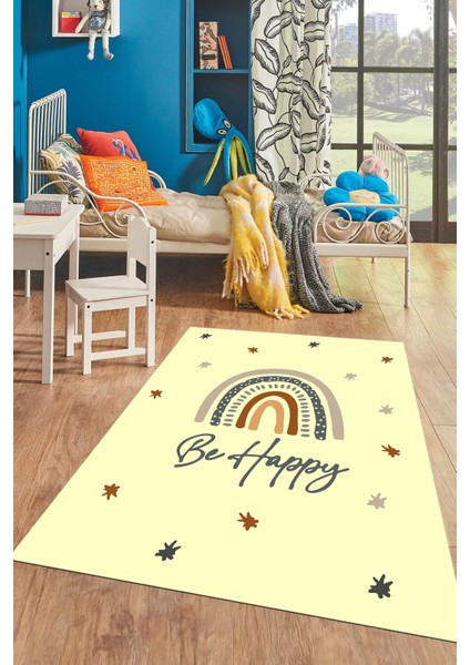 Kaymaz Taban Yıkanabilir Be Happy Yazılı Gökküşağı Desenli Çocuk Halısı, Çocuk-14-Sarı,