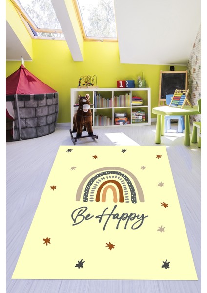 Kaymaz Taban Yıkanabilir Be Happy Yazılı Gökküşağı Desenli Çocuk Halısı, Çocuk-14-Sarı,
