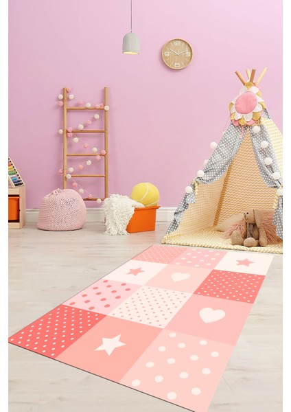 Dijital Baskılı Kaymaz Yıkanabilir Yıldız Kalp Desenli Çocuk Odası Halısı, Çocuk-10-Pembe,